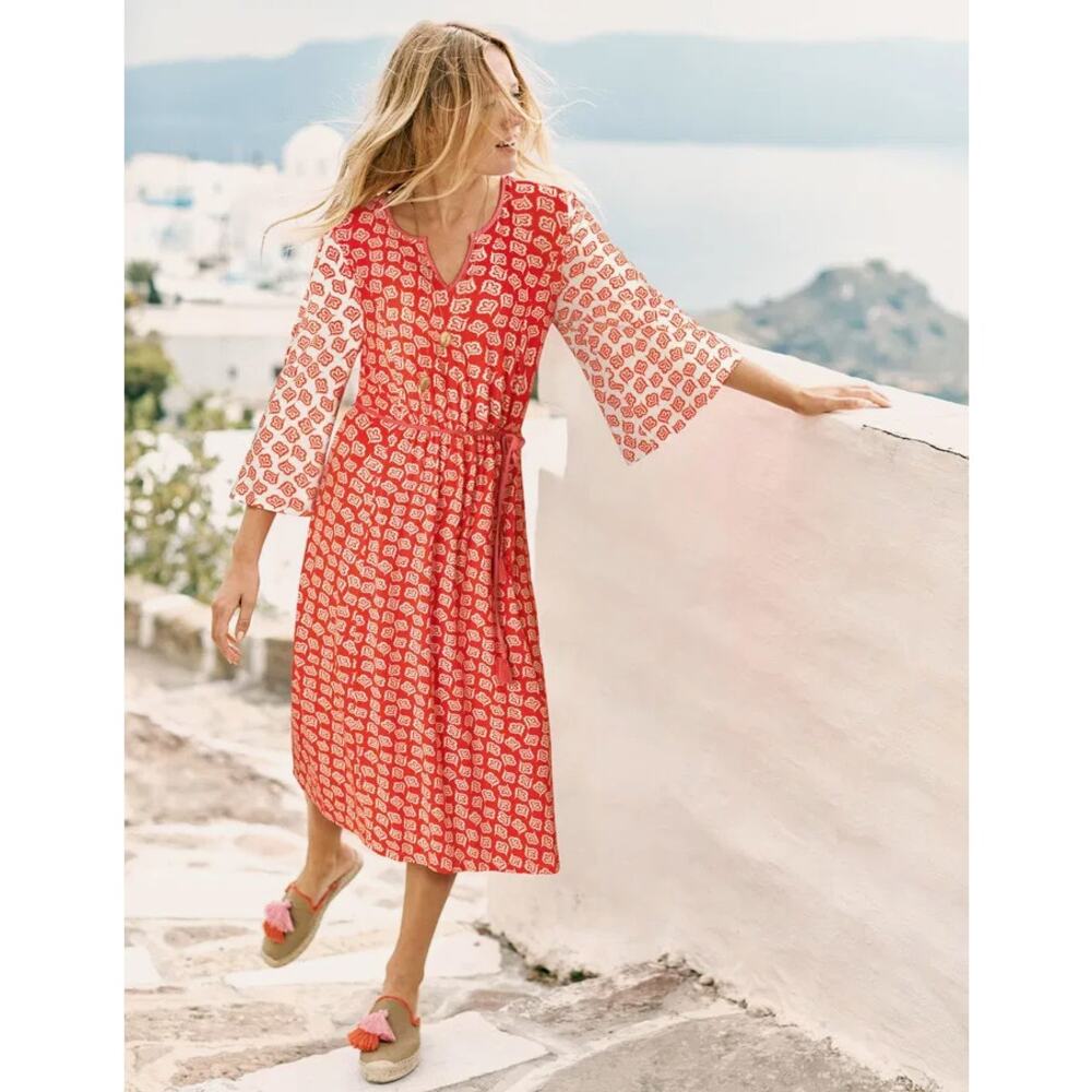 Boden Bella Jersey Midi Dress Bell Sleeve V-Neck Soft Stretch Belted Red  Sz 10